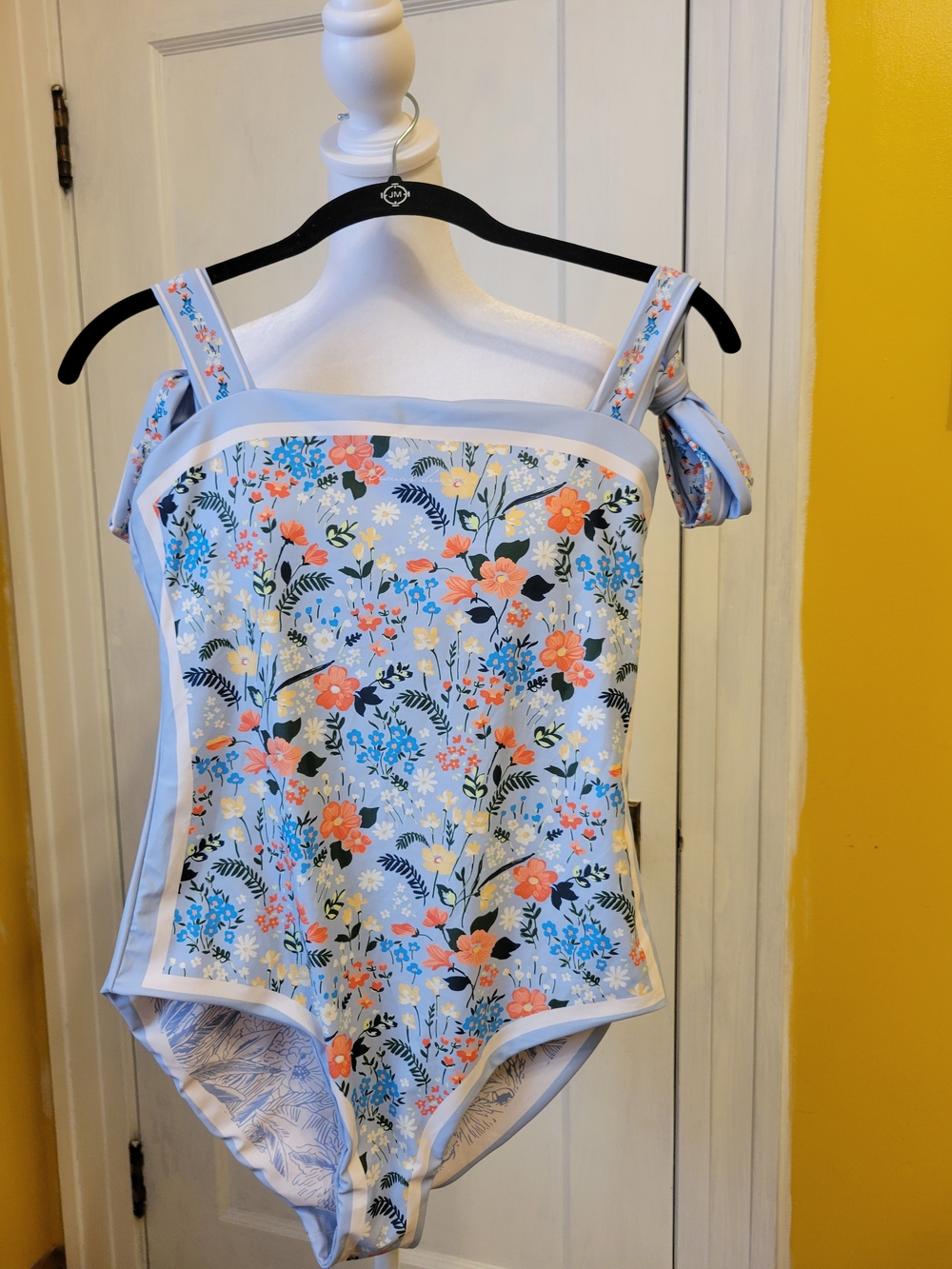 Women's Reversable Light Blue Floral One-Piece Swimsuit with Bow Straps PTP 15"